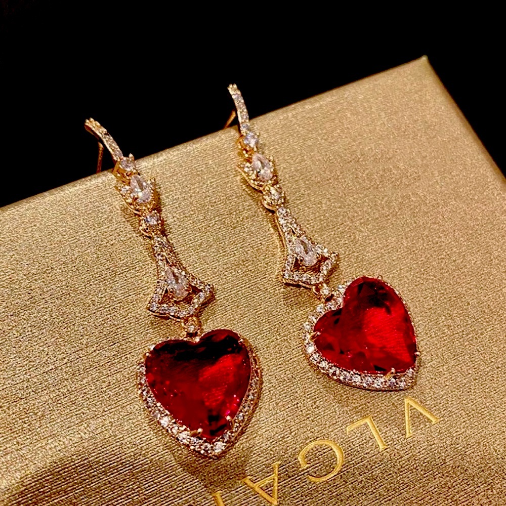 Haute Garnet and Clear CZ Halo Heart Dangle Earrings, VALENTINE’S DAY 💝 GIFT